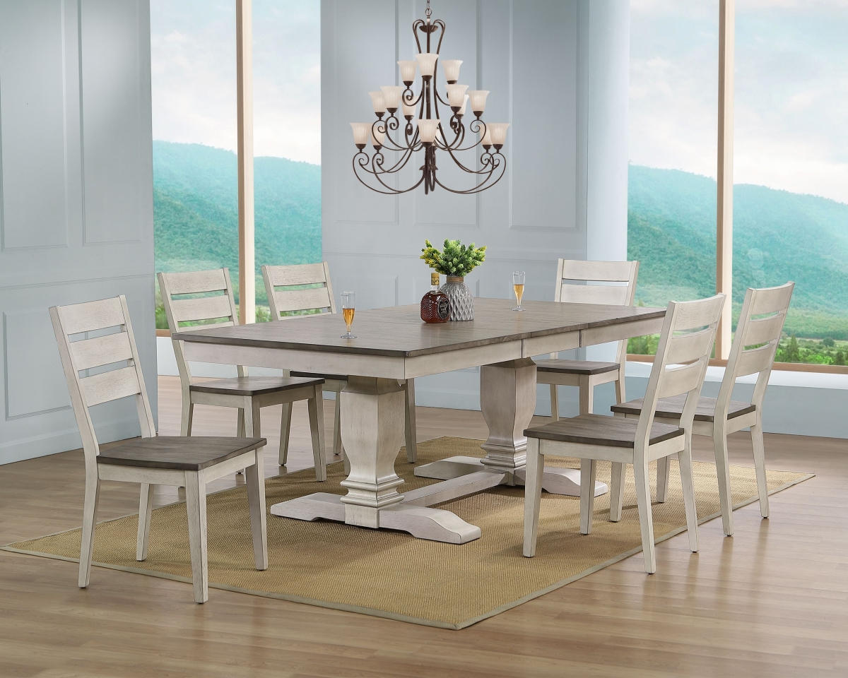 RT82-TR-CH64ASHSTW7 42 x 64 x 82 in. Double Pedestal Transitional Ladder Back Side Chair Dining Set with Ash & Stormy Finish -7 Piece