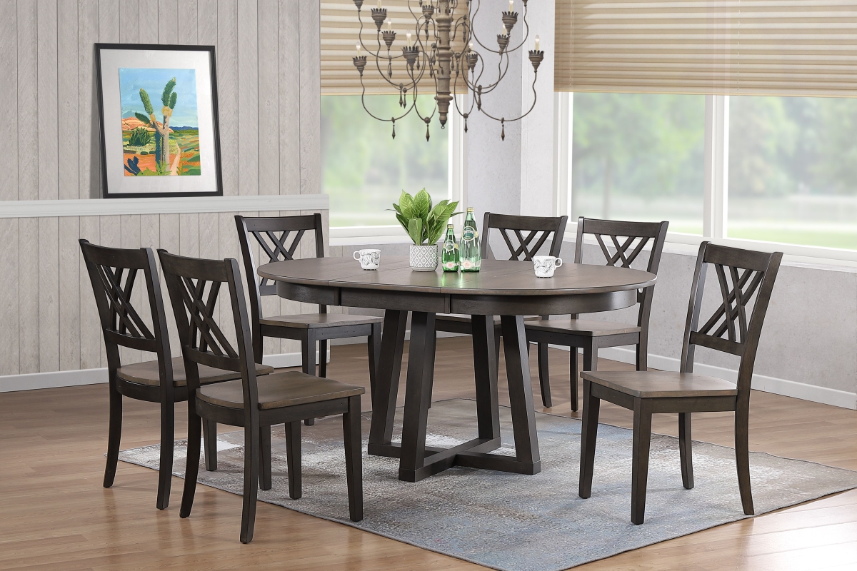 RD45-CRS-CH56-GRS-BKS-7PC 45 x 45 x 63 in. Antiqued Grey Stone Black Stone Double X-Back 7-Piece Cross Pedestal Dining Set