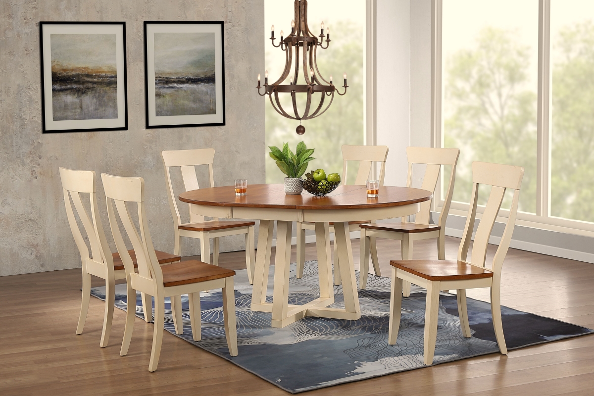 RD45-CRS-CH57-CL-BI-7PC 45 x 45 x 63 in. Antiqued Caramel Biscotti Panel Back 7-Piece Cross Pedestal Dining Set