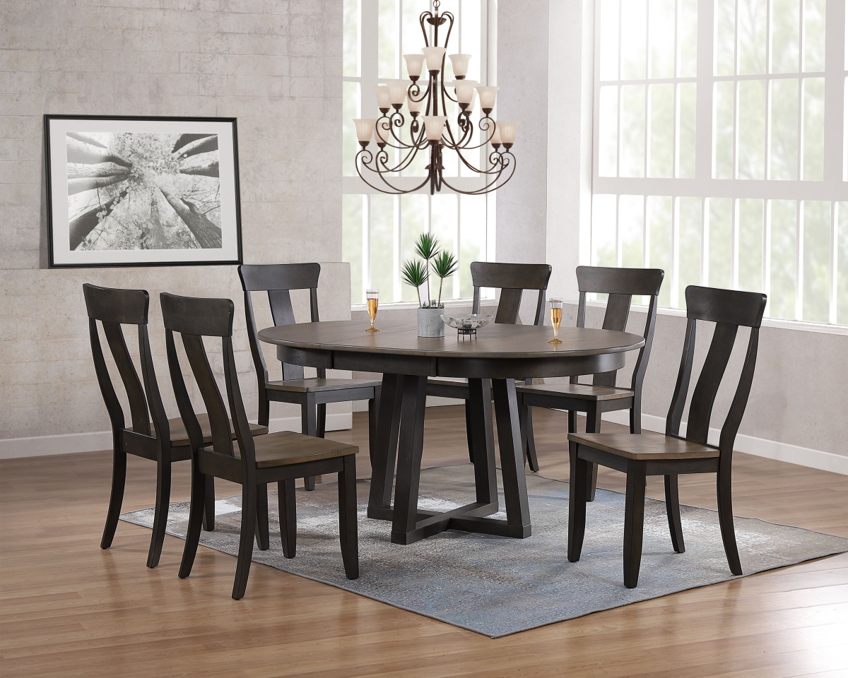 RD45-CRS-CH57-GRS-BKS-7PC 45 x 45 x 63 in. Antiqued Grey Stone Black Stone Panel Back 7-Piece Cross Pedestal Dining Set
