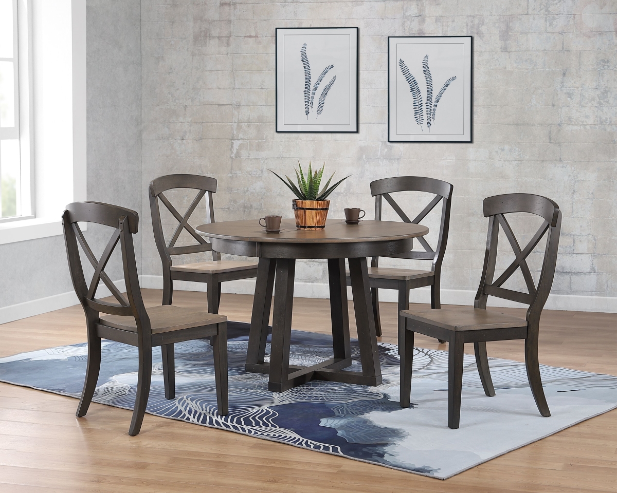 45 x 45 x 63 in. Antiqued Grey Stone Black Stone Transitional X-Back 5-Piece Cross Pedestal Dining Set