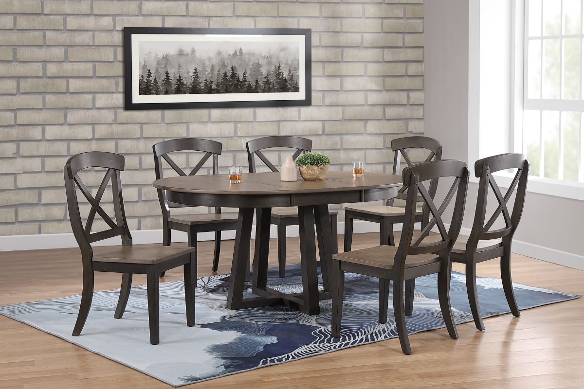 45 x 45 x 63 in. Antiqued Grey Stone Black Stone Transitional X-Back 7-Piece Cross Pedestal Dining Set