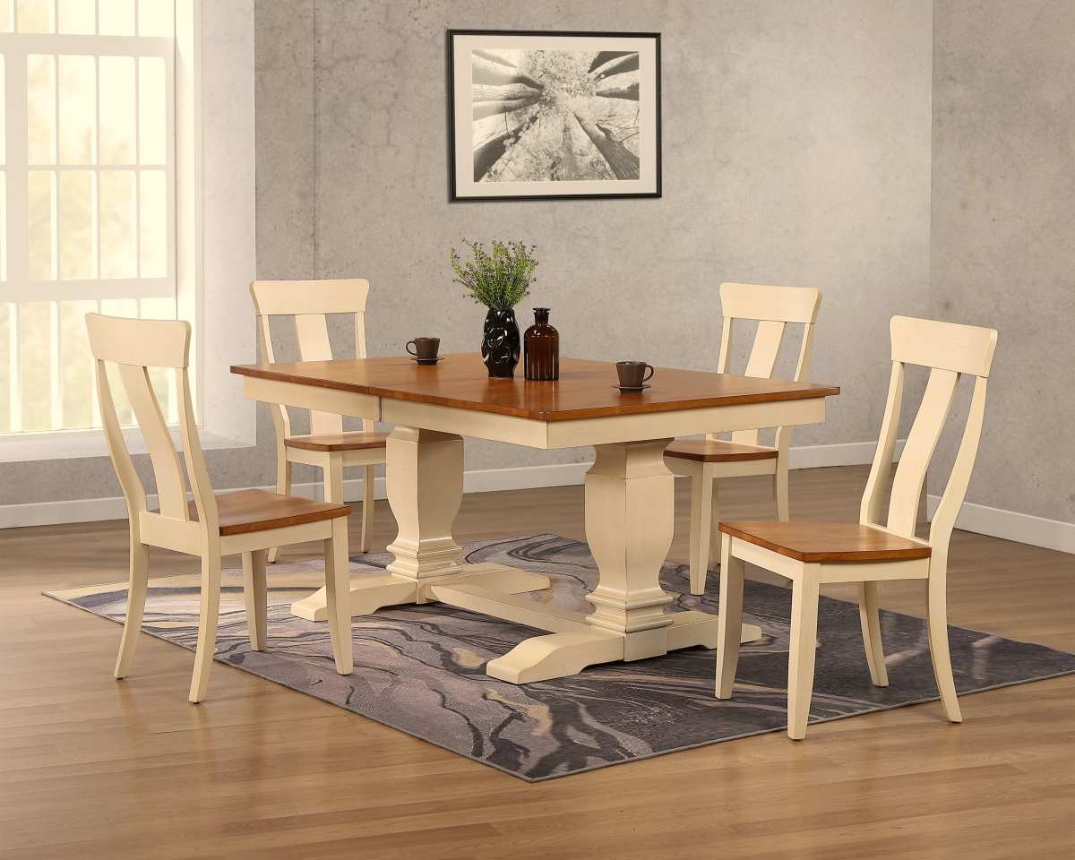 RT82-TR-CH57-CL-BI-5PC 42 x 64 x 82 in. Double Transitional Pedestal In Antique Caramel Biscotti Panel Back 5-Piece Dining Set