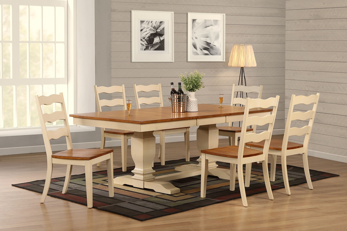RT82-TR-CH57-CL-BI-7PC 42 x 64 x 82 in. Double Transitional Pedestal In Antique Caramel Biscotti Panel Back 7-Piece Dining Set