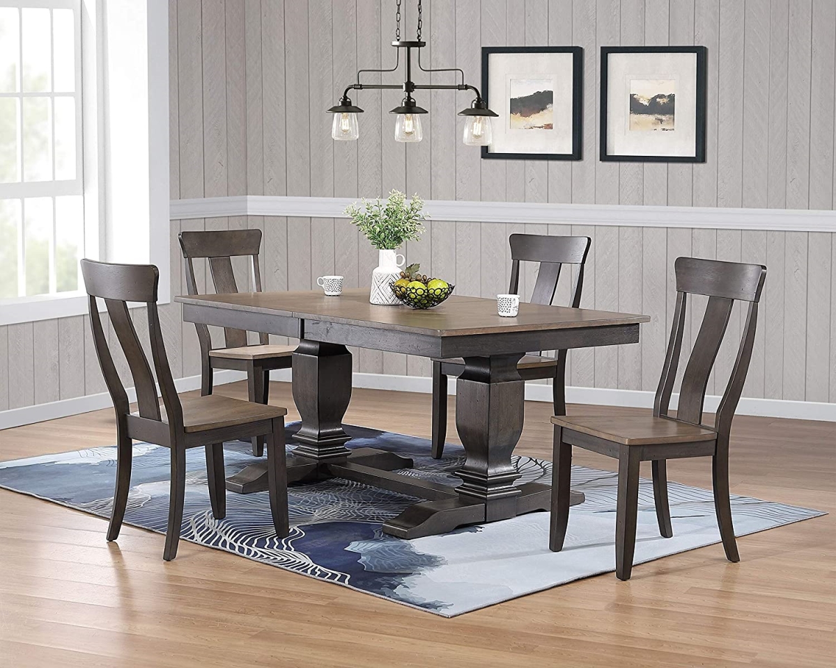 RT82-TR-CH57-GRS-BKS-5PC 42 x 64 x 82 in. Double Transitional Pedestal In Antique Grey Stone Black Stone Panel Back 5-Piece Dining Set -  ComfortCorrect, CO2434581