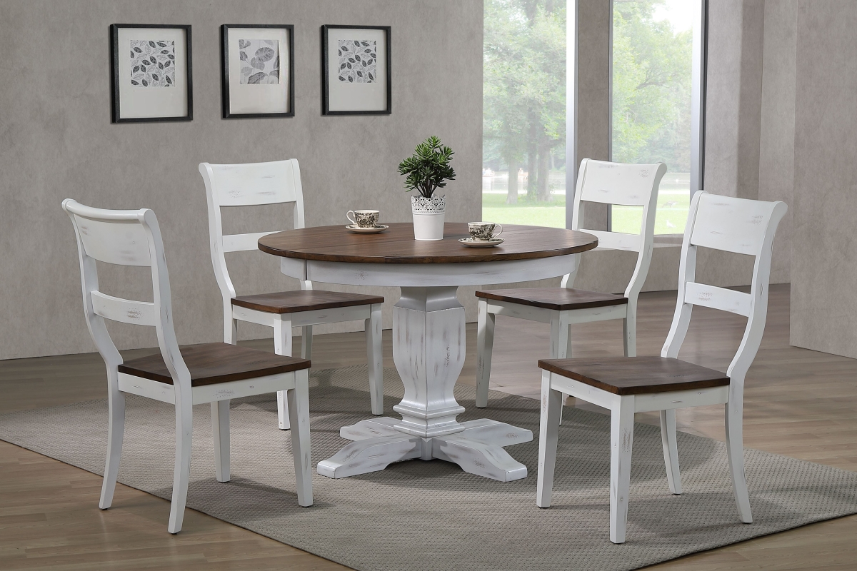 RD45-T-DBN-DWTBS-RD45-TR-DWTCH61-DBN-DWT-5PC 45 x 45 x 63 in. Transitional Dining Set, Distressed Cocoa Brown & Cotton White - 5 Piece