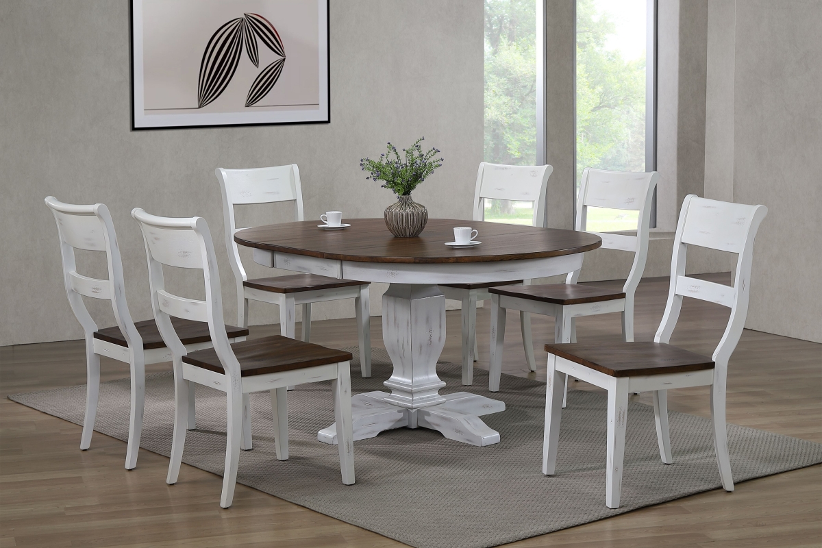 RD45-T-DBN-DWTBS-RD45-TR-DWTCH61-DBN-DWT-7PC 45 x 45 x 63 in. Transitional Dining Set, Distressed Cocoa Brown & Cotton White - 7 Piece