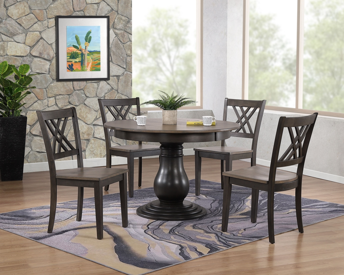 RD45-T-GRS-BKSBS-RD45-BEL-BKSCH56-GRS-BKS-5PC 45 x 45 x 63 in. Double X-Back Bella Dining Set, Antiqued Grey Stone & Black Stone - 5 Piece