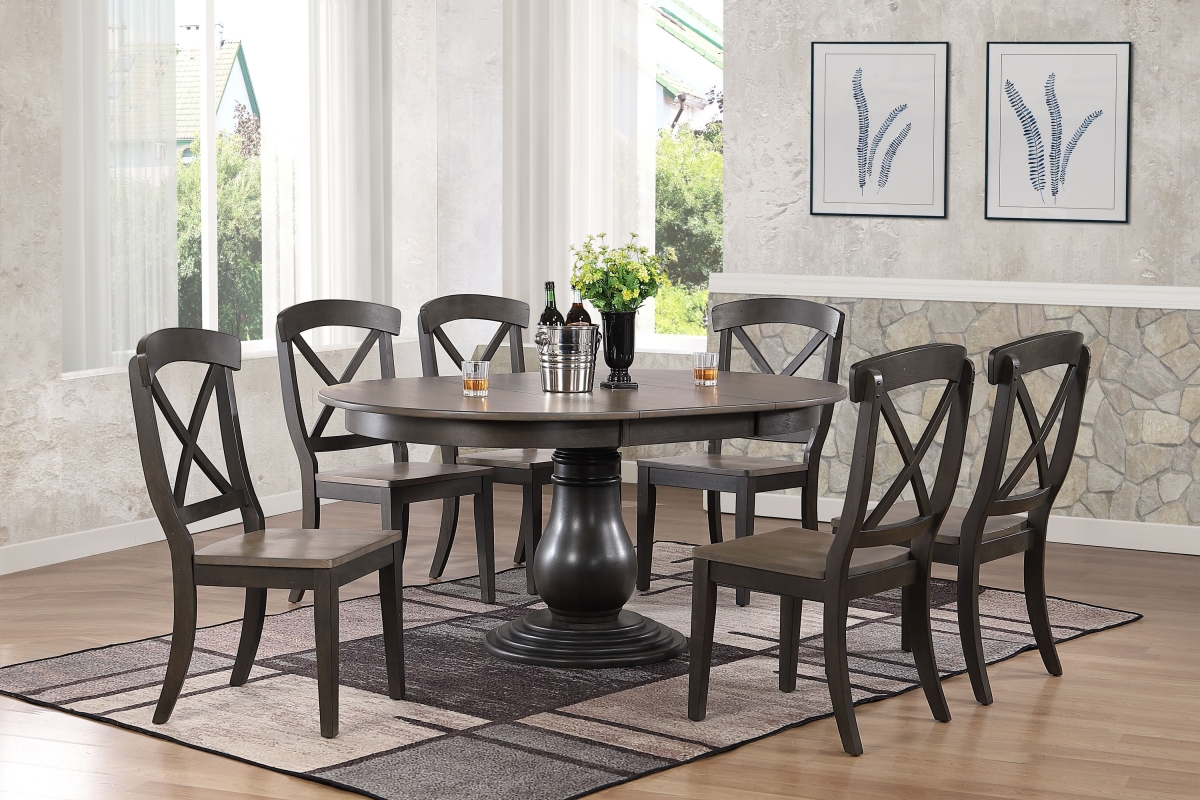 RD45-T-GRS-BKSBS-RD45-BEL-BKSCH60-GRS-BKS-7PC 45 x 45 x 63 in. Transitional X-Back Bella Dining Set, Antiqued Grey Stone & Black Stone - 7 Piece