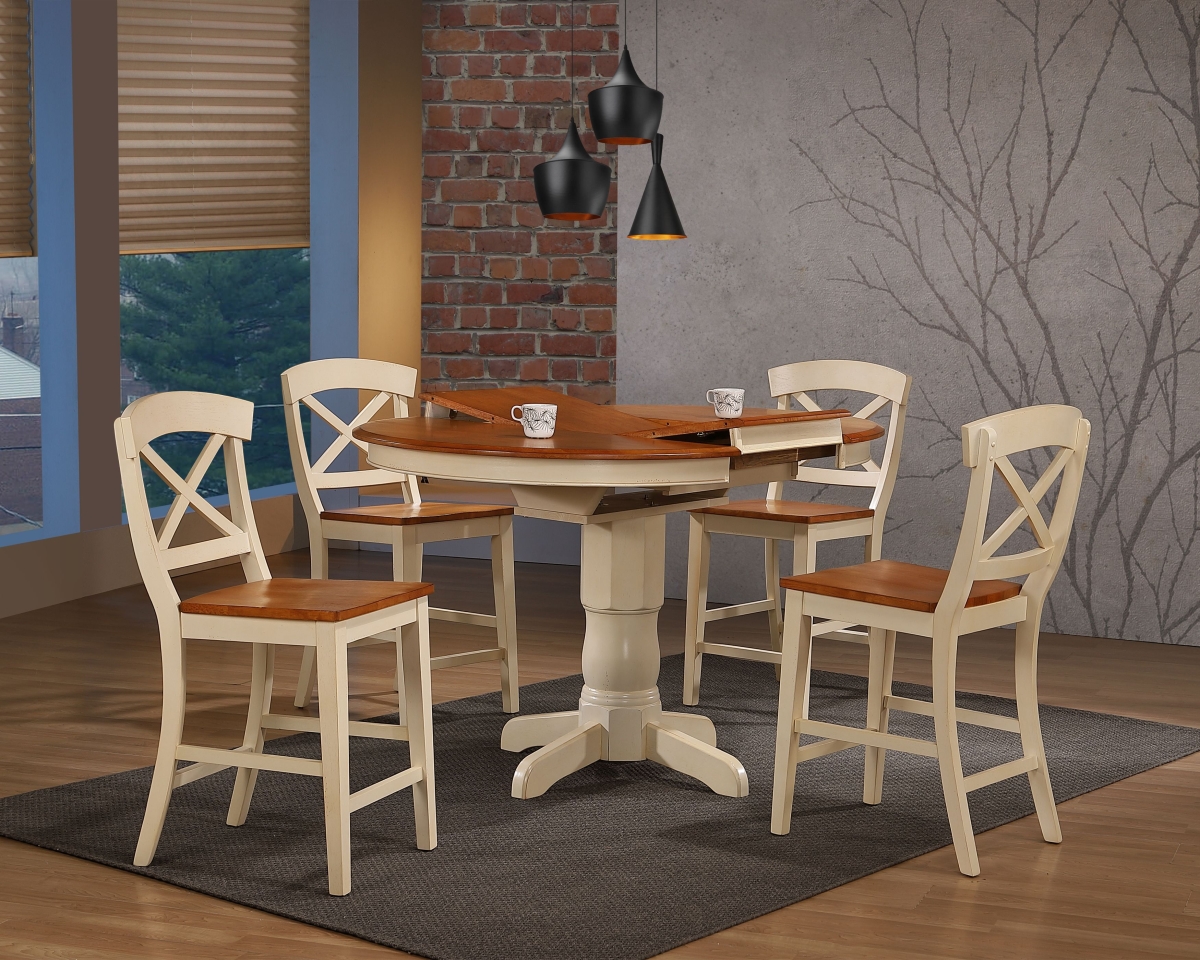 RD42-T-CL-BI CBS-RD42-W-BI STC60-CL-BI 42 x 42 x 60 in. Transitional X-Back Counter Height Dining Set, Caramel & Biscotti - 5 Piece -  Iconic Furniture, RD42-T-CL-BI     <BR>CBS-RD42-W-BI <BR>STC60-CL-BI