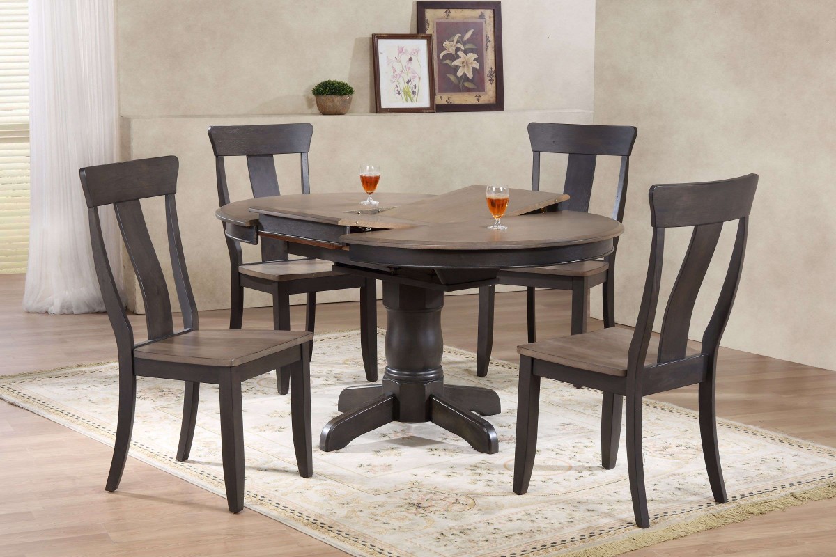 RD42-T-GRS-BKSBS-RD42-W-BKSCH57-GRS-BKS 42 x 42 x 60 in. Round Panel Back Dining Set, Antiqued Grey Stone & Black Stone - 5 Piece