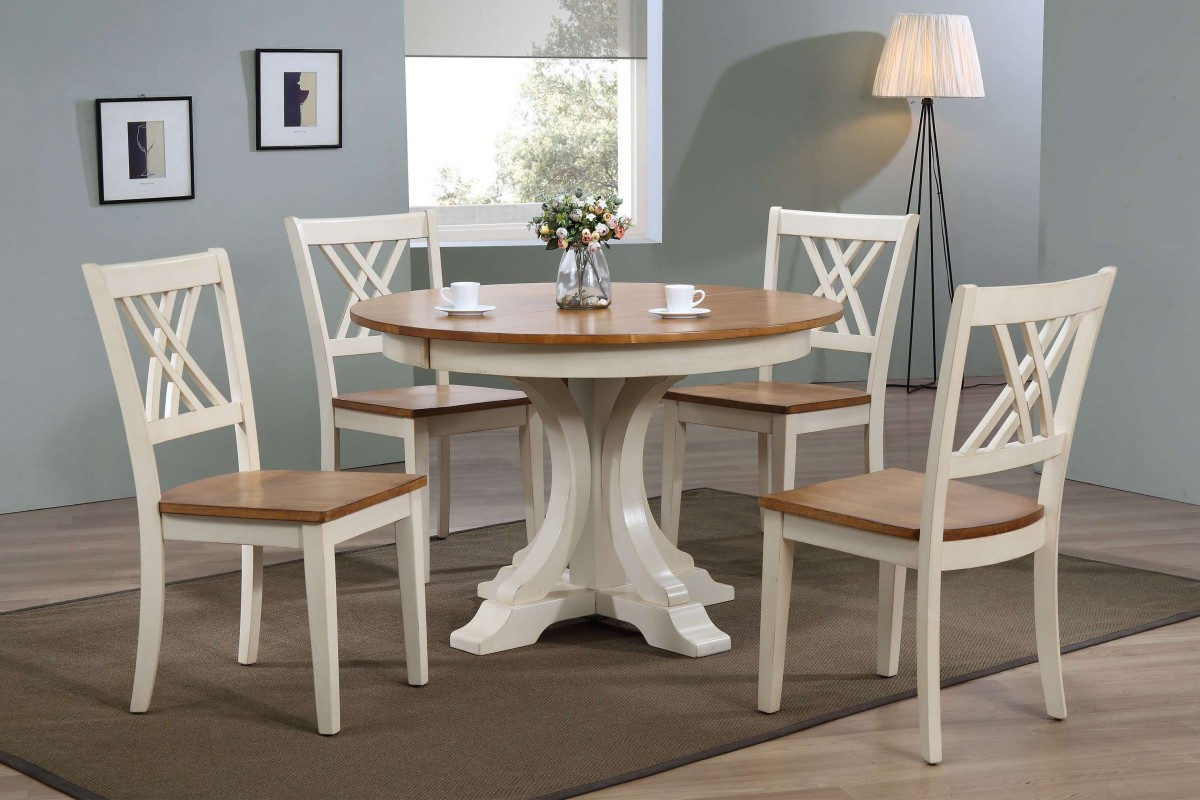 RD45-T-CL-BIBS-RD45-DECO-BICH56-CL-BI 45 x 45 x 63 in. DecoDouble X-Back Dining Set, Antiqued Caramel & Biscotti - 5 Piece