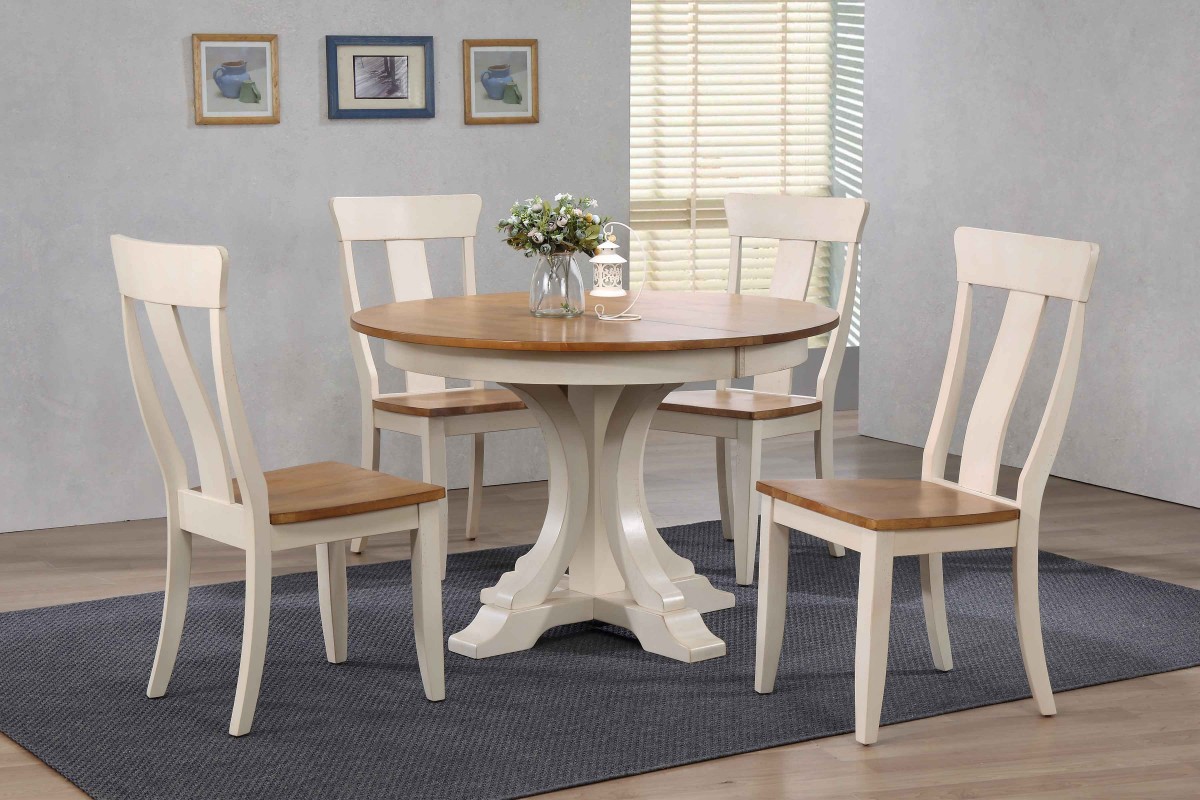 RD45-T-CL-BIBS-RD45-DECO-BICH57-CL-BI 45 x 45 x 63 in. Deco Panel Back Dining Set, Antiqued Caramel & Biscotti - 5 Piece