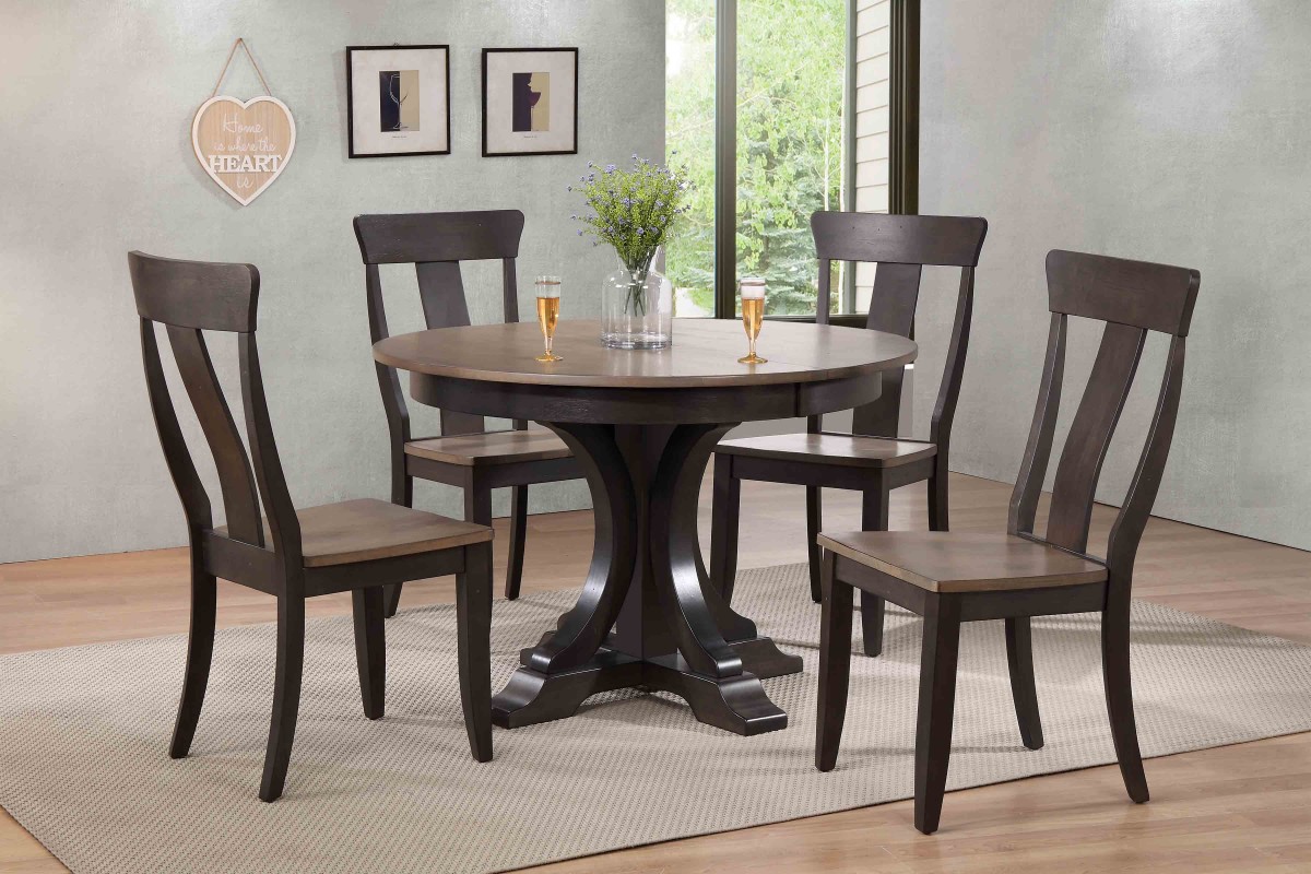 RD45-T-GRS-BKSBS-RD45-DECO-BKSCH57-GRS-BKS 45 x 45 x 63 in. Deco Panel Back Dining Set, Antiqued Grey Stone & Black Stone - 5 Piece