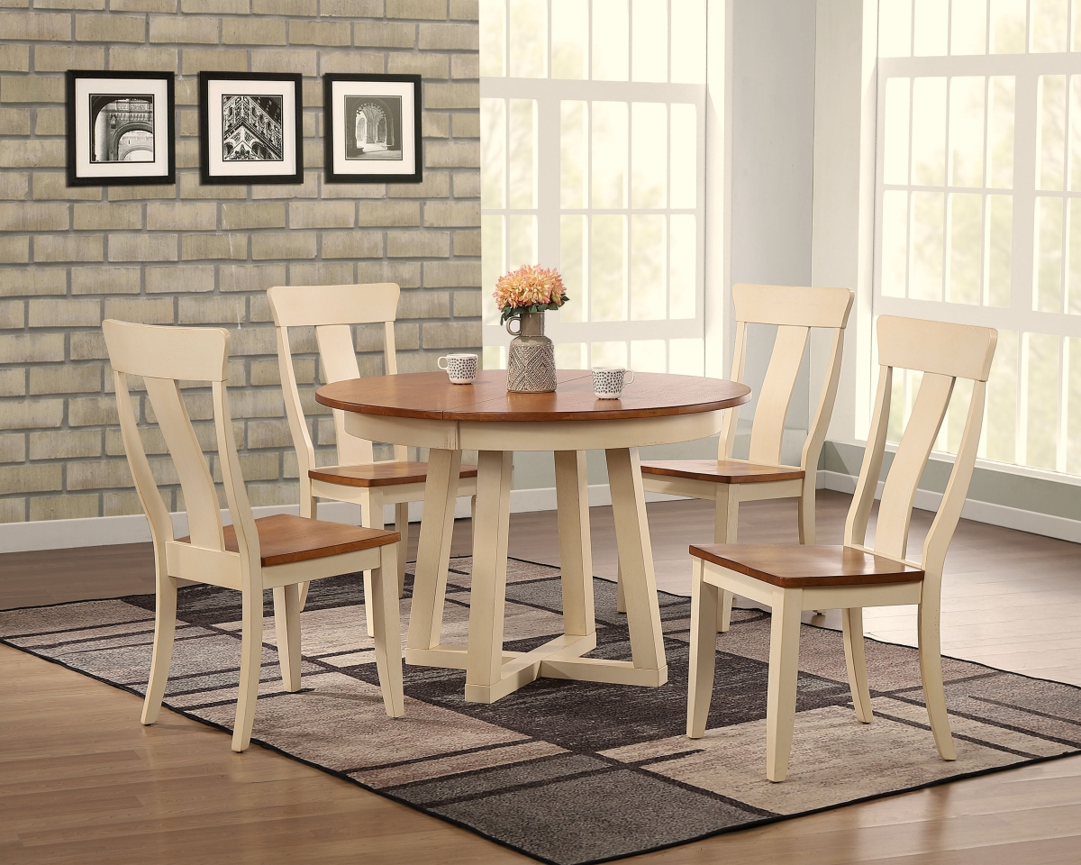 RD45-T-CL-BIBS-RD45-CRS-BICH57-CL-BI-5PC 45 x 45 x 63 in. Panel Back Cross Pedestal Dining Set, Antiqued Caramel & Biscotti - 5 Piece