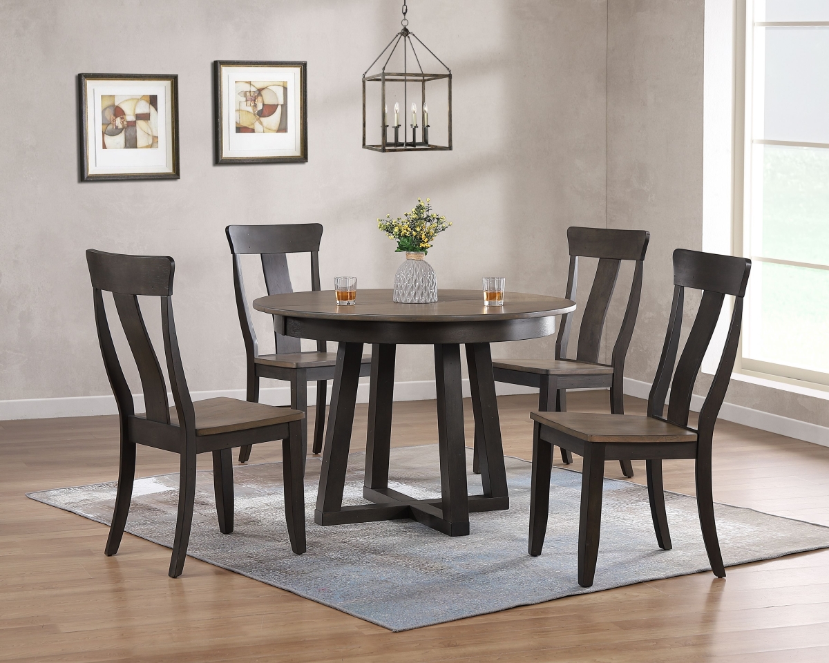RD45-T-GRS-BKSBS-RD45-CRS-BKSCH57-GRS-BKS-5PC 45 x 45 x 63 in. Panel Back Cross Pedestal Dining Set, Antiqued Grey Stone & Black Stone - 5-Piece