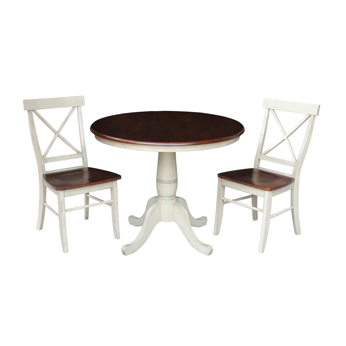 Picture of International Concepts K12-36RT-C613P 36 in. Round Top Pedestal Table With 2 X-Back Chairs - 3 Piece Set - Almond