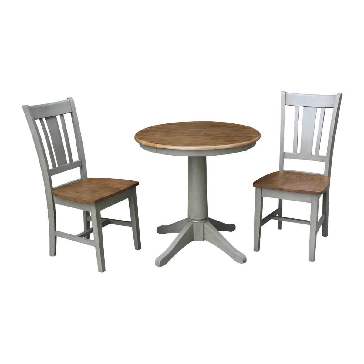 K41-30RT-27B-C10-2 30 in. Round Top Pedestal Table with 2 San Remo Chairs, Hickory & Stone - Set of 3 -  International Concepts