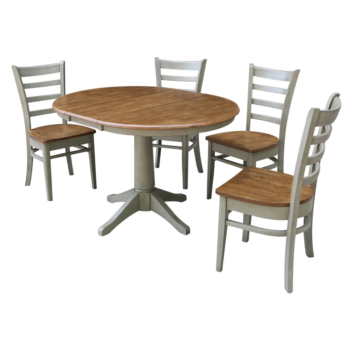 K41-36RXT-27B-C617-4 36 in. Round Extension Dining Table with 4 Emily Chairs, Hickory & Stone - Set of 5 -  International Concepts