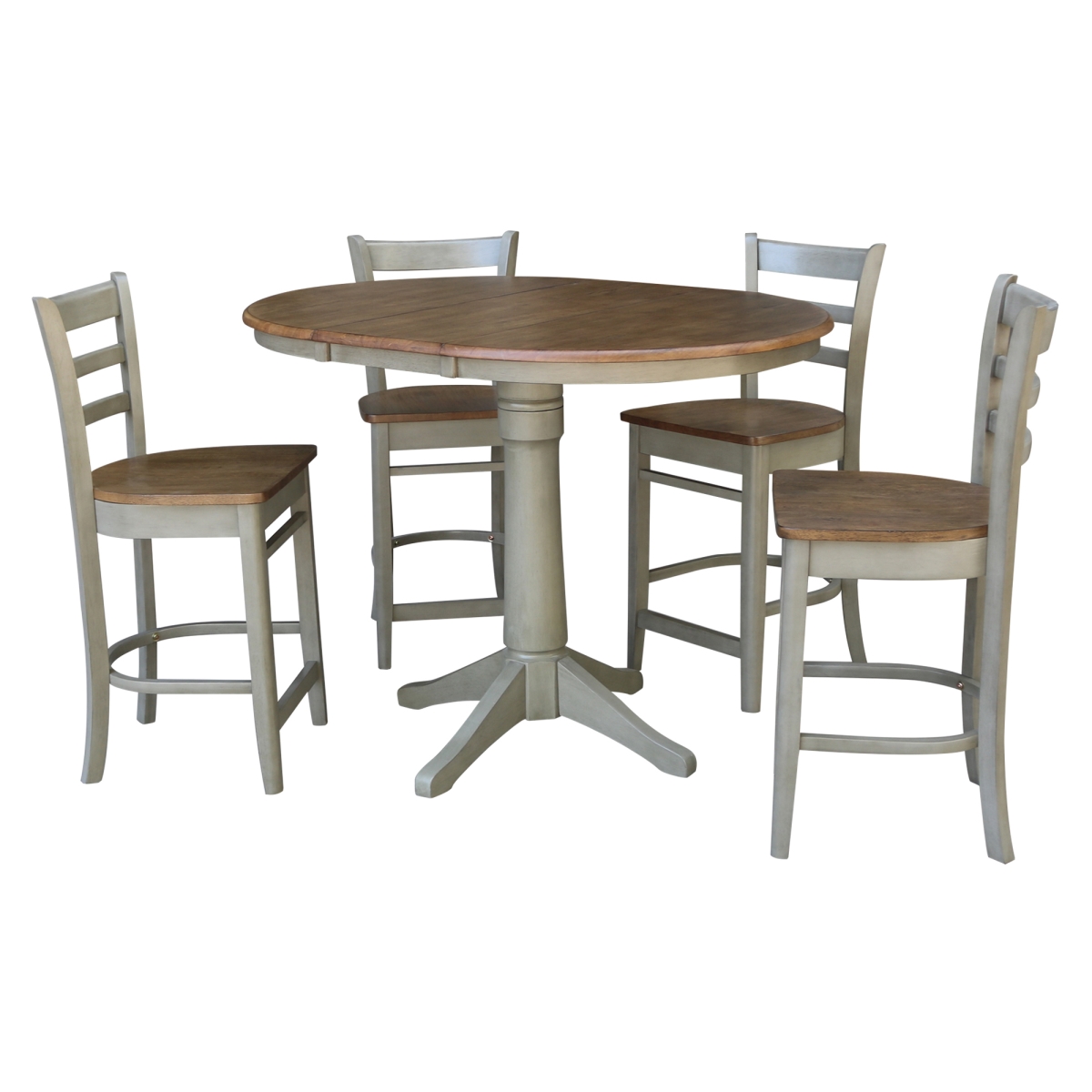 K41-36RXT-27B-S6172-4 36 in. Round Extension Dining Table with 4 Emily Counter Height Stools, Hickory & Stone - Set of 5 -  International Concepts