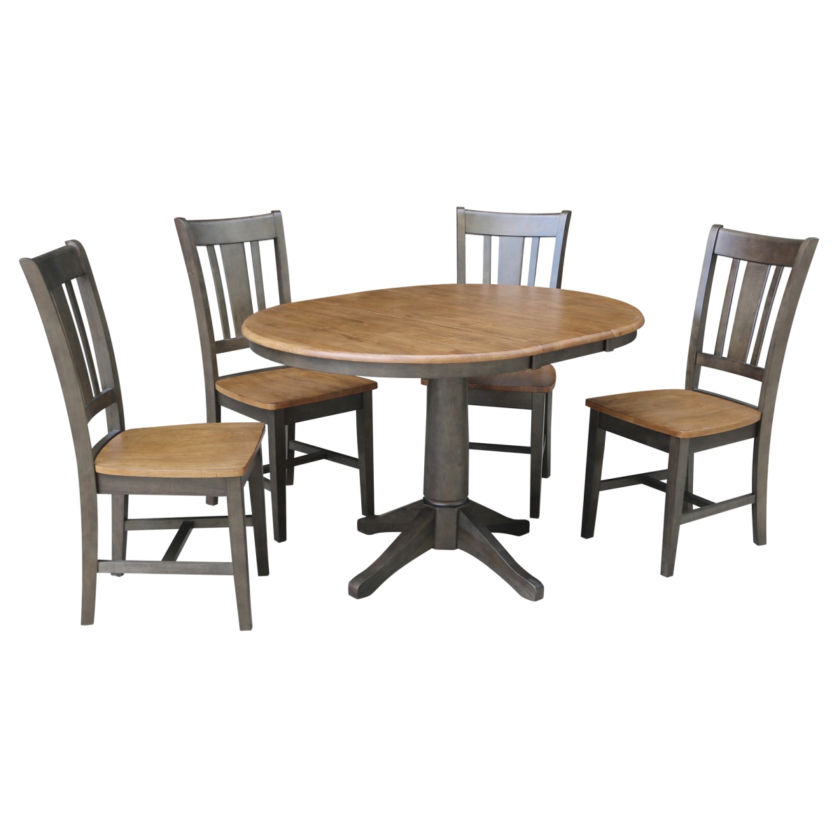 K45-36RXT-27B-C10-4 36 x 153 in. Round Extension Dining Table with 4 Chairs, Hickory & Washed Coal -  International Concepts