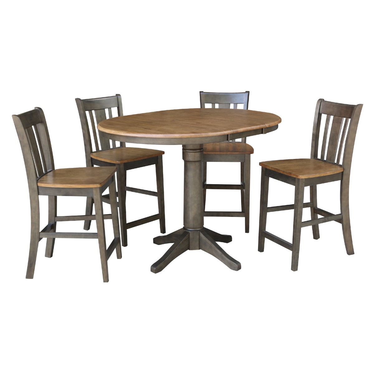 K45-36RXT-27B-S102-4 36 in. Round Extension Dining Table with 4 San Remo Counter Height Stools, Hickory & Washed Coal -  International Concepts