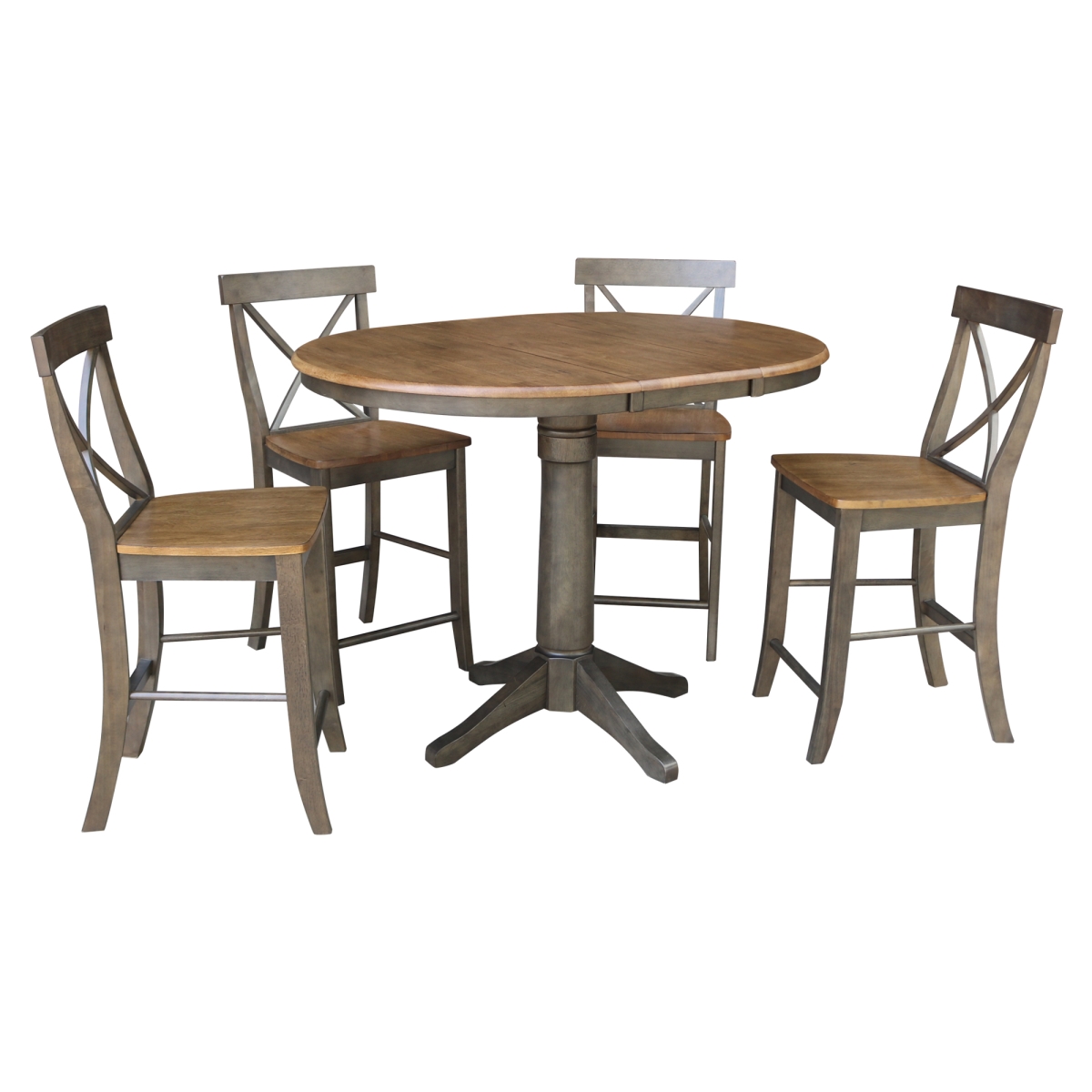 K45-36RXT-27-S6132-4 36 in. Round Extension Dining Table with 4 X-Back Counter Height Stools, Hickory & Washed Coal -  International Concepts