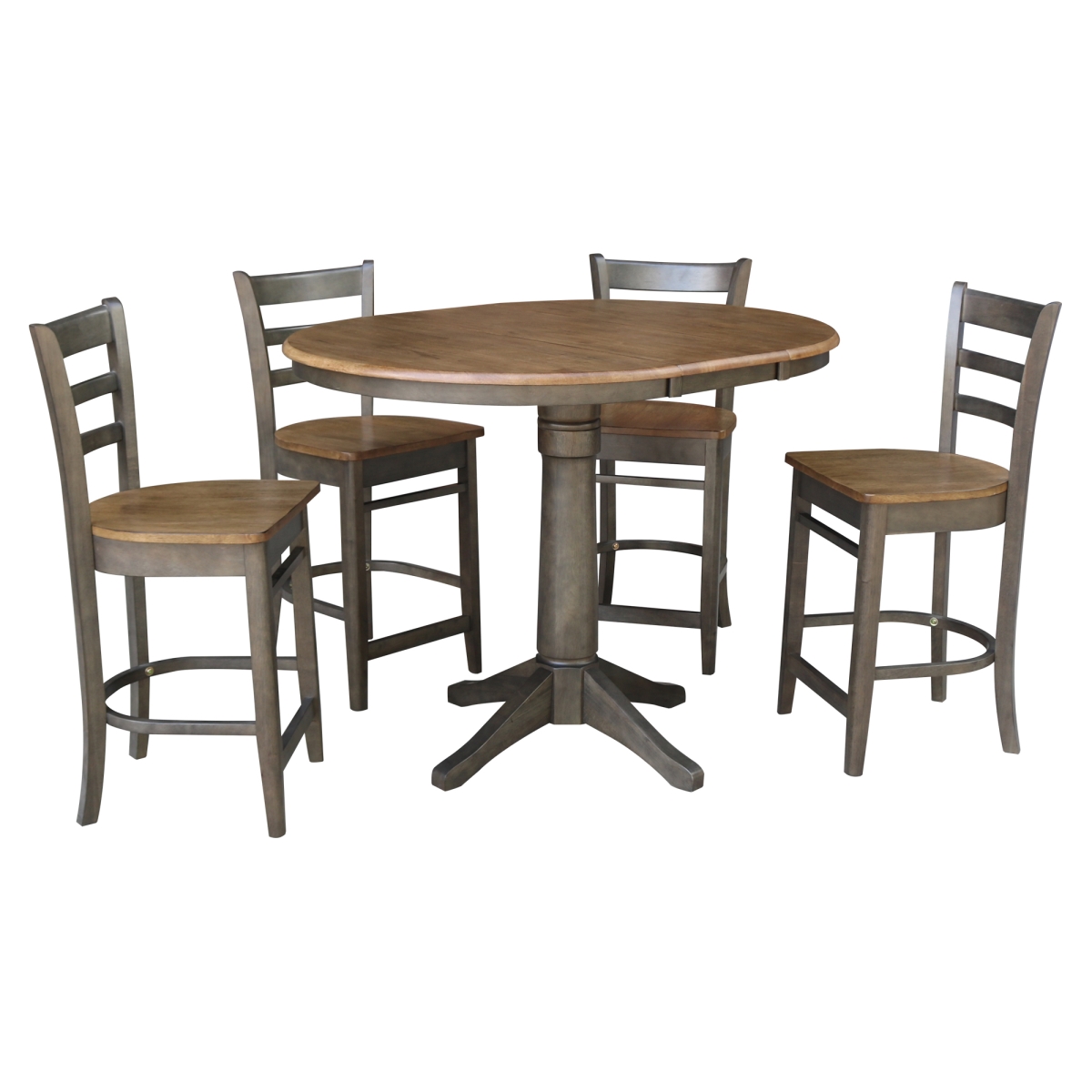 Picture of International Concepts K45-36RXT-27-S6172-4 36 in. Round Extension Dining Table with 4 Counter Height Stools&#44; Hickory & Washed Coal