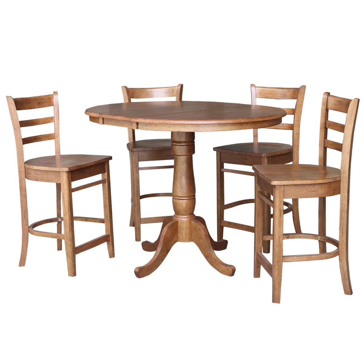 K42-36RXT-6B-S6172-4 36 in. Round Extension Dining Table with 4 Stools, Distressed Oak -  International Concepts