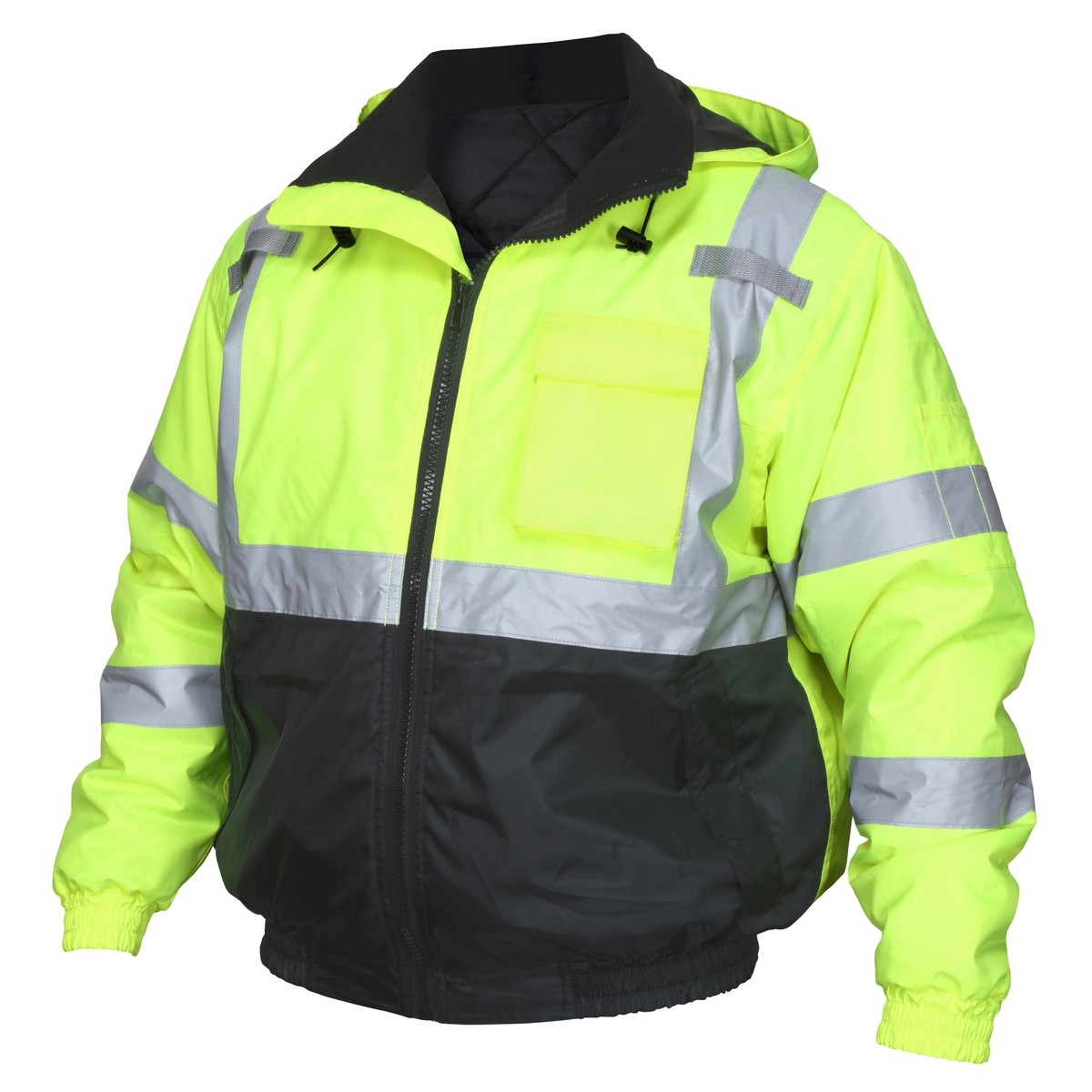 MCRVBBQCL3LX2 Two Tone Value Bomber ANSI 107 Class 3 Fluorescent Lime & Black Quilted Rain Jacket with Silver Reflective Stripes, 2XL