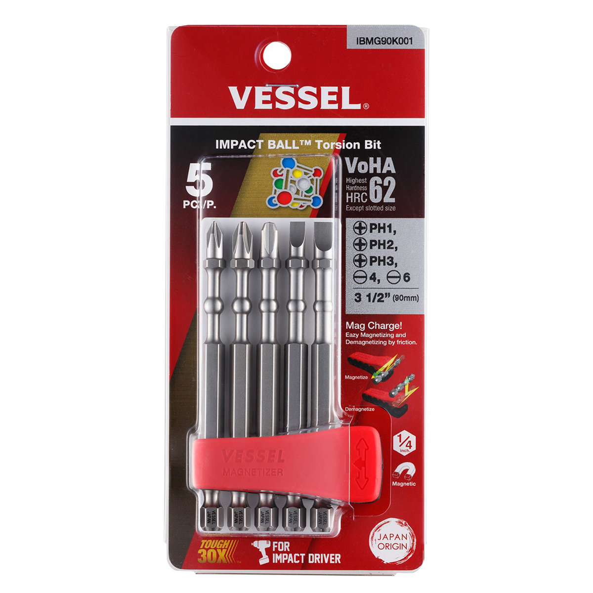 Picture of Vessel VESIBMG90K001 Impact Ball Torsion Bit Set with Mag Charge Holder, Assorted Size - 5 Piece