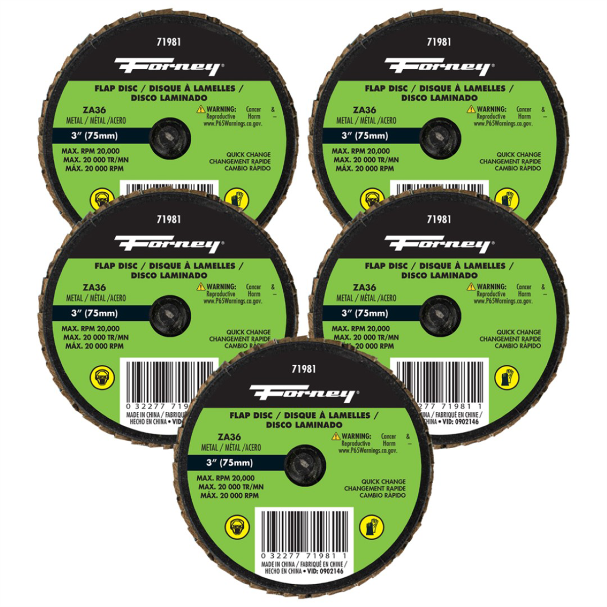 Quick Change Flap Disc, 36 Grit, 3 in 5-Pack of Forney 71981