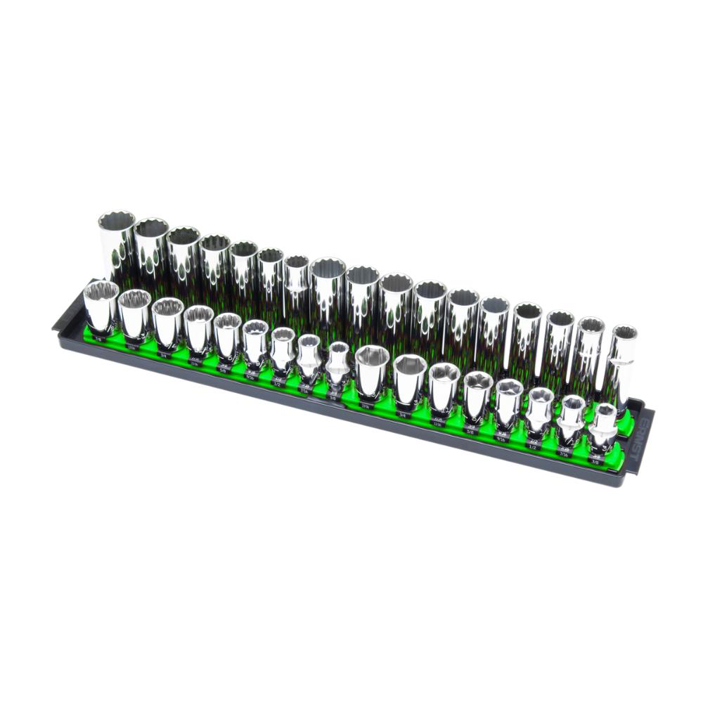 ERN8487 18 in. 2-Rail Twist Lock Socket Boss Organizer, Green - 0.5 in. Drive