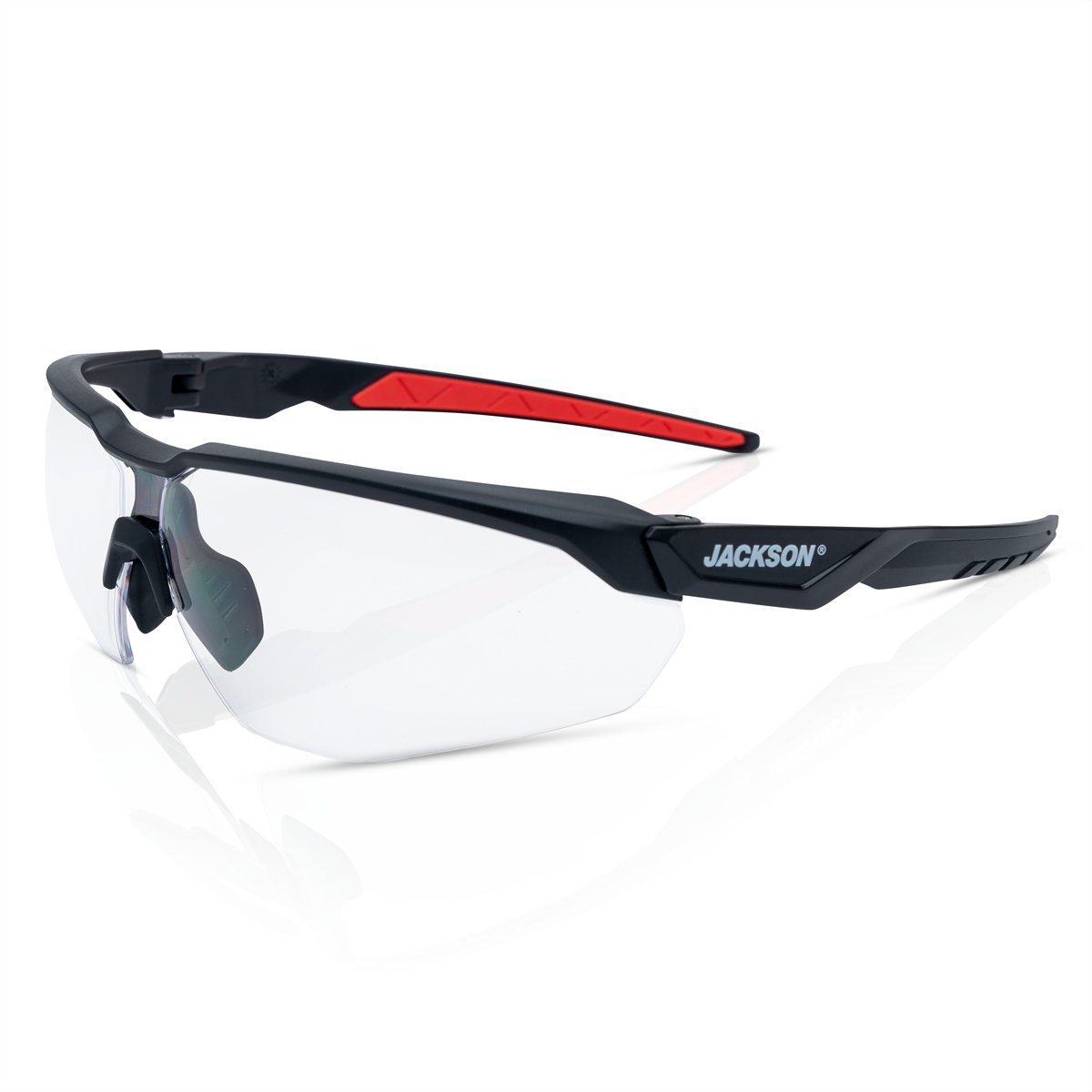 Hyperguard Safety Glasses, Clear, Polycarbonate, Anti-Fog, Black Half Frame, Red Temple