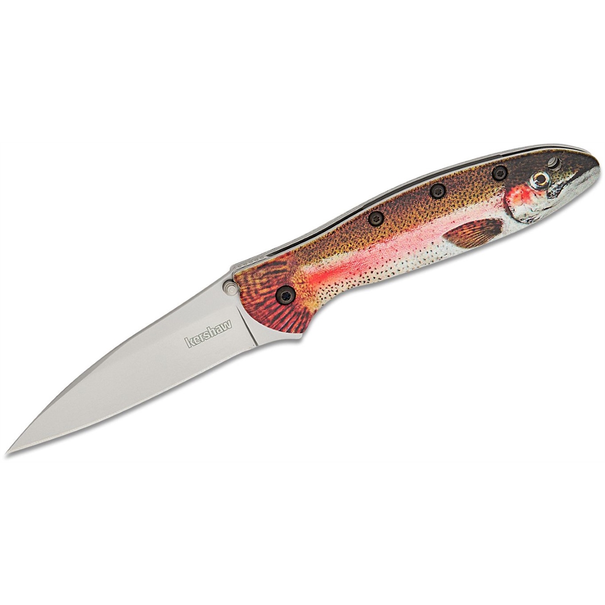 KER1660-TROUT Leek Assisted Open Liner Lock Drop Point Blade EDC Folding Pocket Knife, Trout & Silver