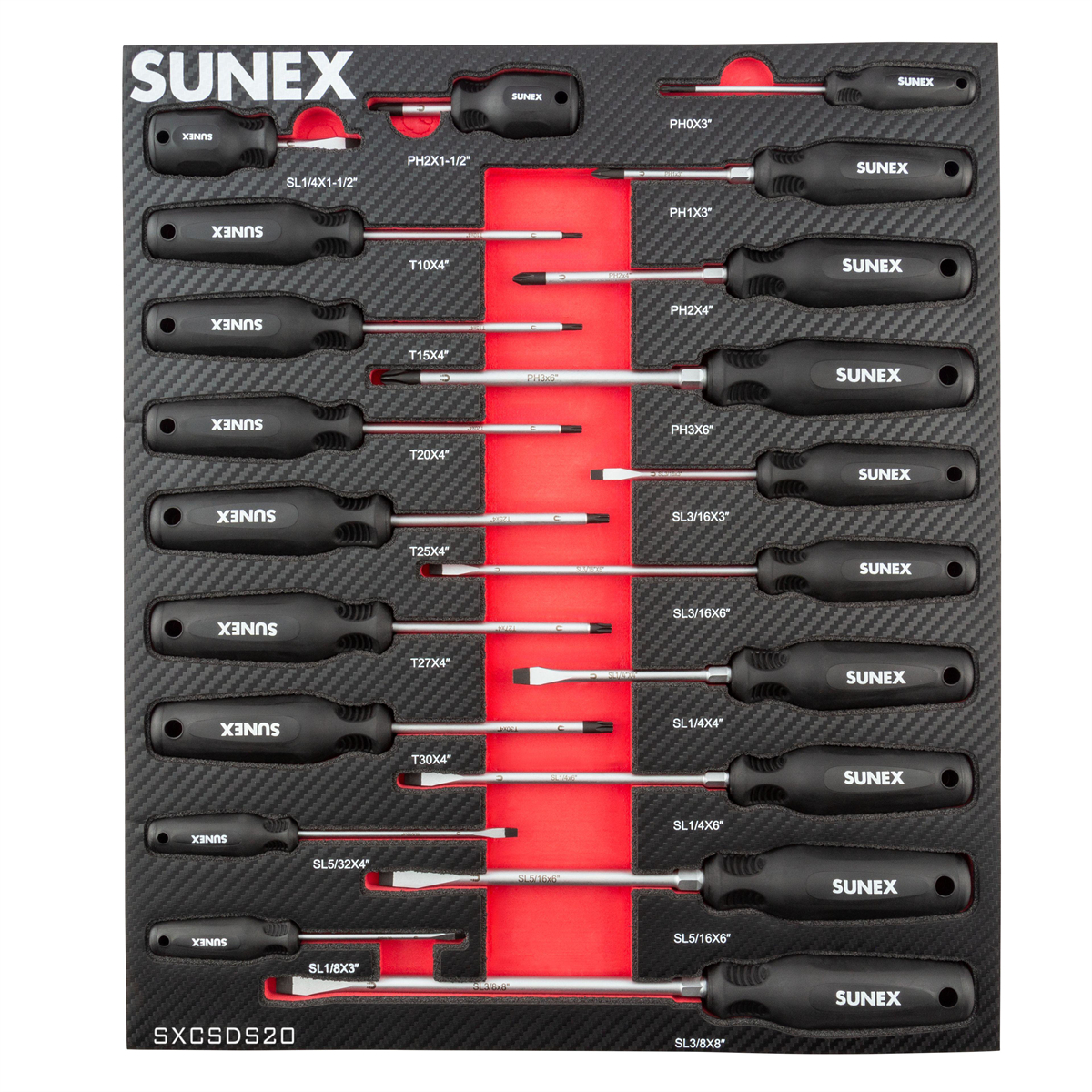 Sunex SUNSXCSDS20 Phillips Slotted & Torx Magnetic Screwdriver Set In EVA Foam, Multi Color - 20 Piece