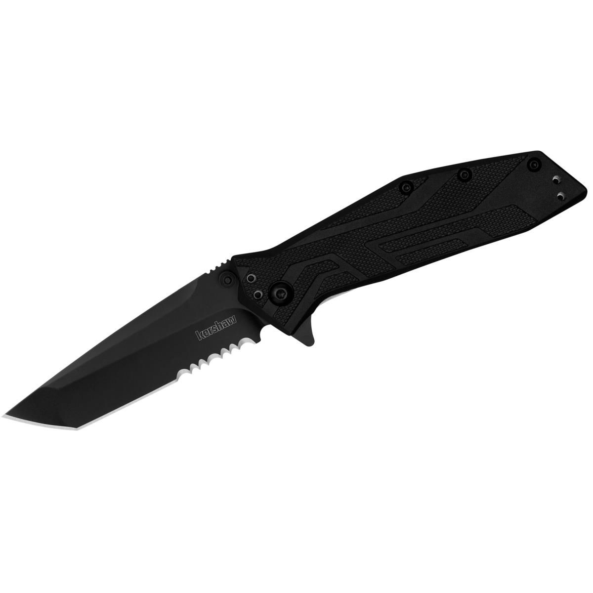 KER1990ST Brawler Serrated Assisted Open Liner Lock 8CR13MOV Tanto Blade with Black-Oxide Coating EDC Folding Pocket Knife, Black