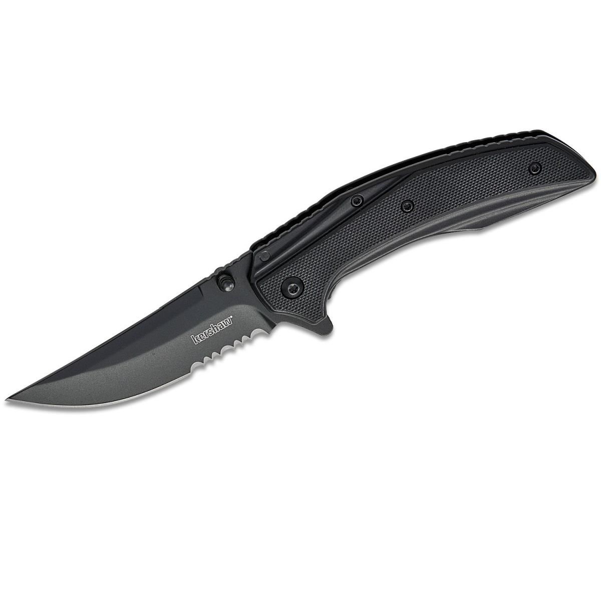 KER8320BLKST Outright Serrated Assisted Open Frame Lock 8CR13MOV Trailing Point Blade with Black PVD Coating EDC Folding Pocket Knife