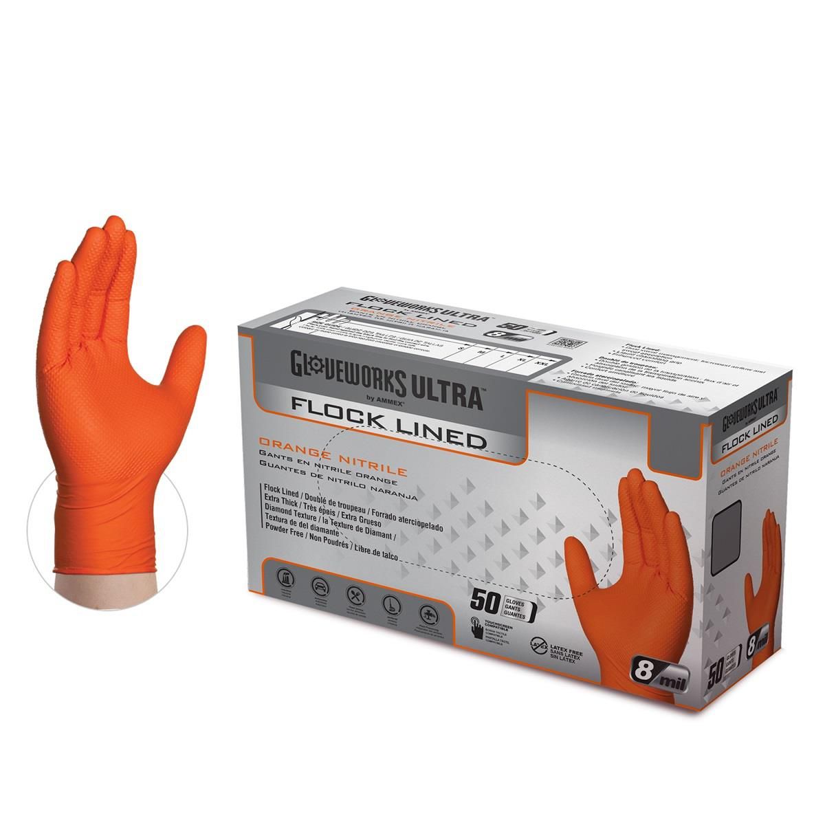 AMXGWUOFN48050 Ultra Flock Lined RDT Nitrile Gloves, Orange - Extra Large
