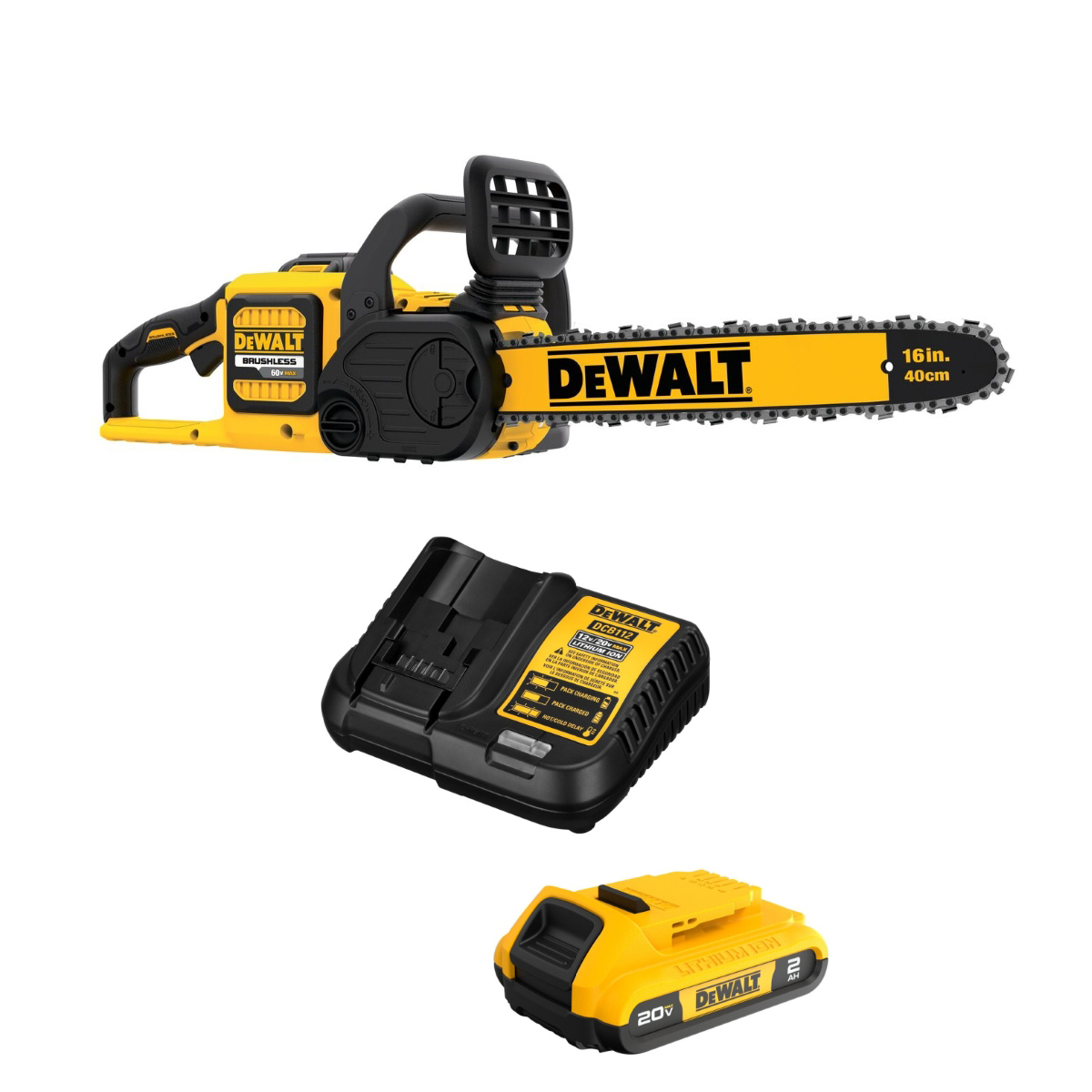 DWTDCCS670T1 16 in. 60V Max Brushless Cordless Chainsaw Kit with 2Ah Battery & Charger