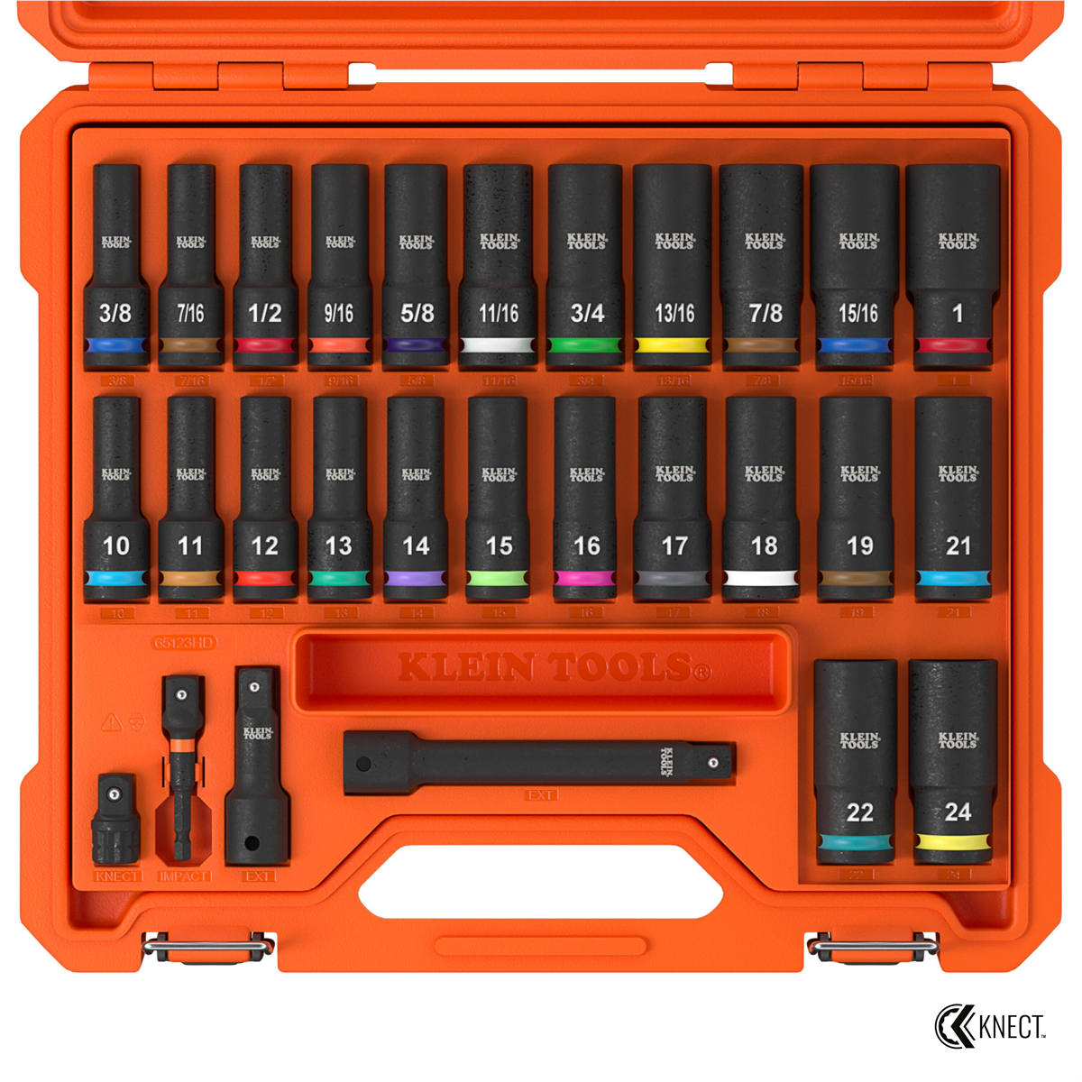 KLE65123HD 0.5 in. Knect Deep-Well Impact Socket Set, SAE & Metric - 28 Piece