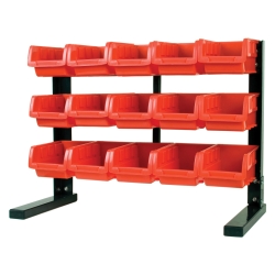 W5186 Table Top Storage Rack with 15 Red Plastic Bins, Steel Holder - 21.25 x 16.75 x 10.87 in.