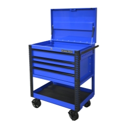 33 in. 4 Drawer Deluxe Tool Cart with Bumpers, Blue & Black Quick Release Drawer Pulls