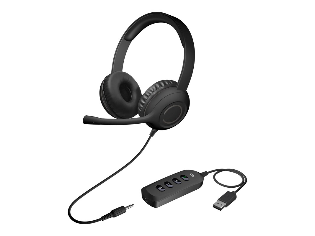 Picture of Cyber Acoustics AC-5812 3.5 mm Headset with USB Controller Noise Canceling Microphone Braided Cord Adjustable