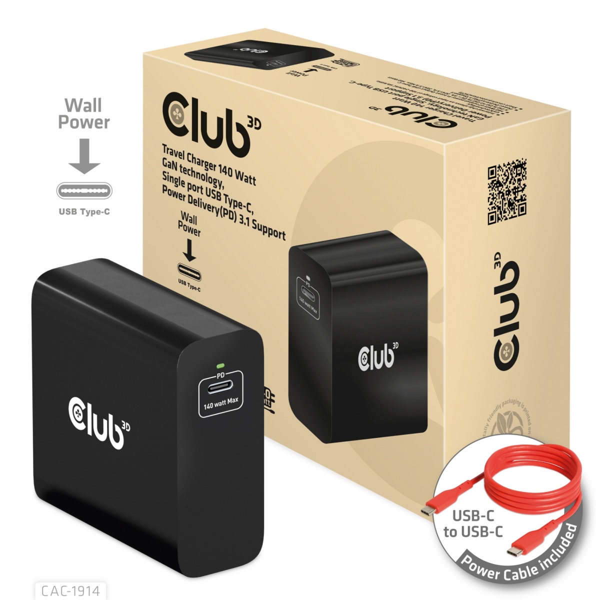 Picture of Club 3D CAC-1914 140W GaN Technology Travel Charger, Single port USB Type-C, Power Delivery 3.1 Support