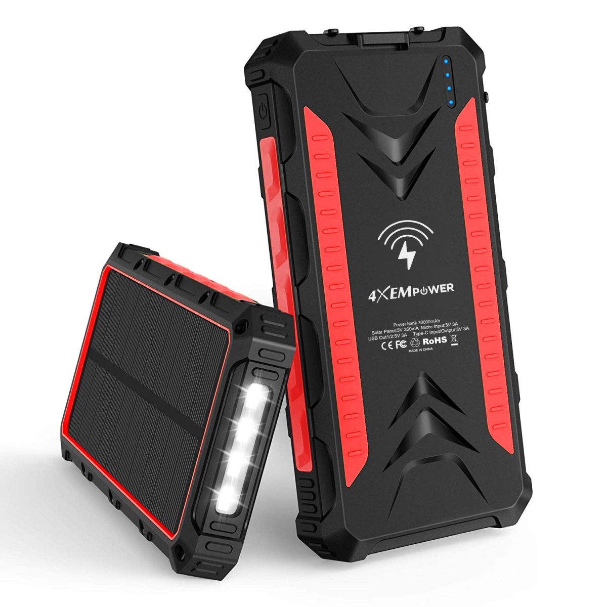4XSOLARPWR30RD 30000 mAh USB-C & USB-A Mobile Solar Power Bank & Charger, Black