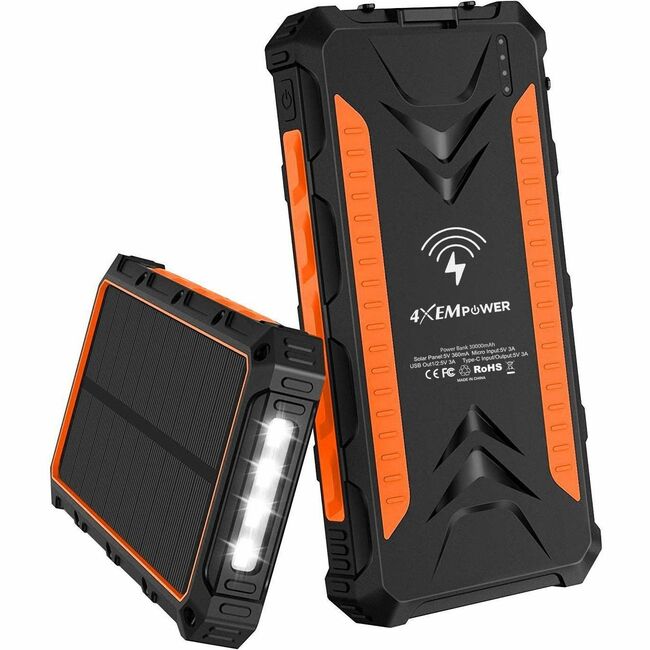 4XSOLARPWR30OR 30000 mAh USB-C USB-A Mobile Solar Power Bank & Charger, Orange