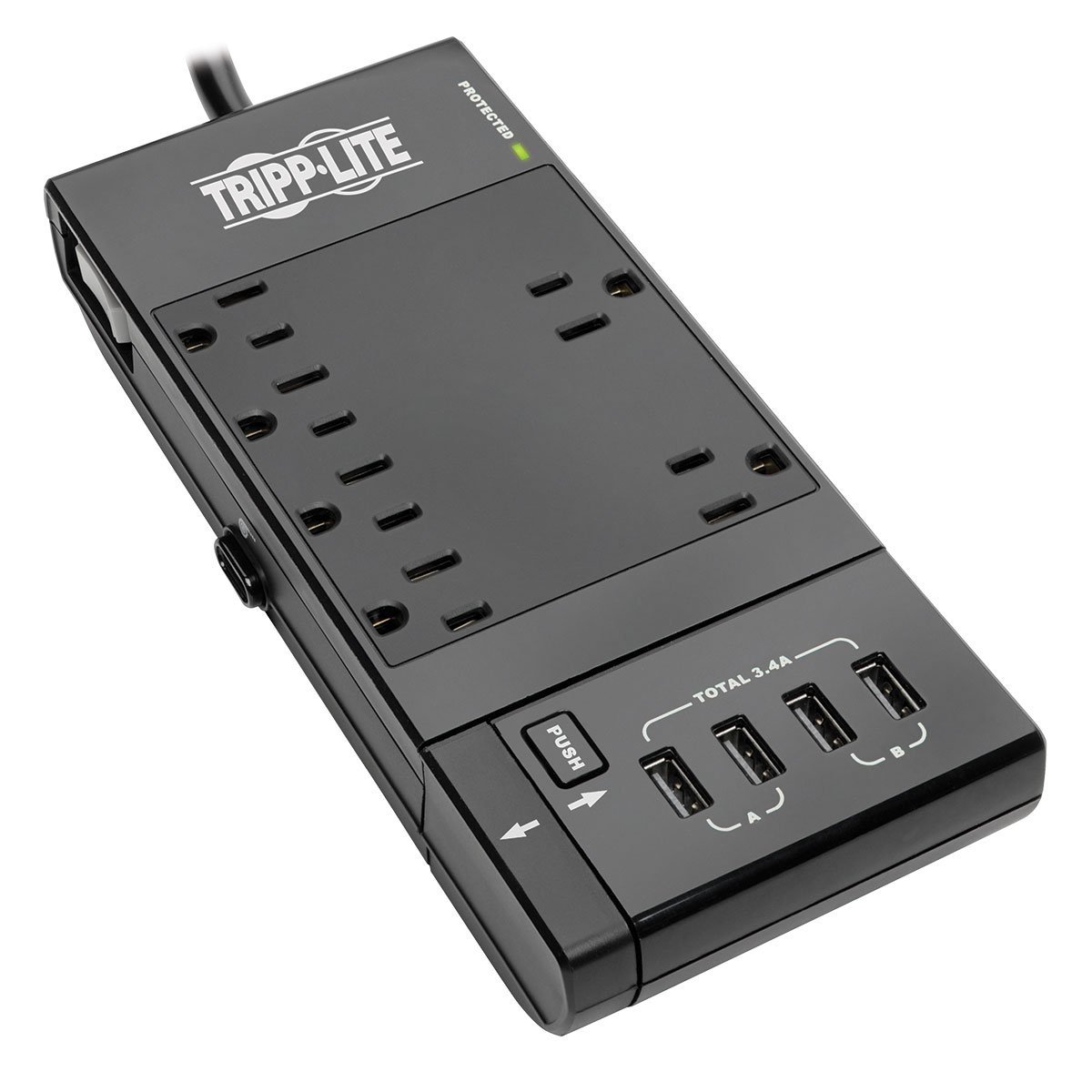 Surge Protector Power Strip 6-Outlet with 4 USB Charging & Sync Ports 6 ft. Cord 1080 Joules LED Black - TRIPP LITE TLP66USBR