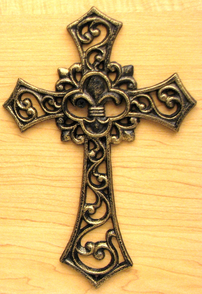 Elegant Brushed Gold Fleur De Lis Cast Iron Cross