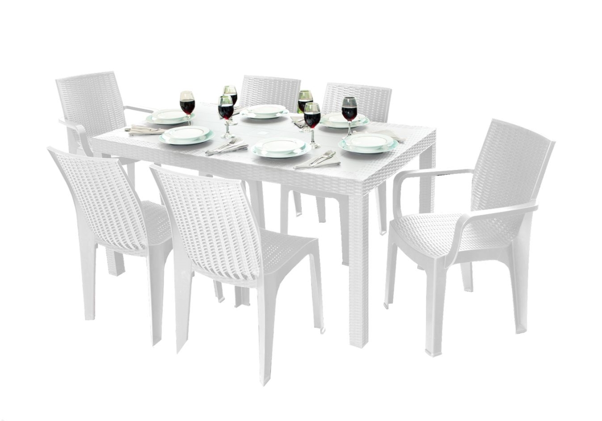 P600-WHT Unisex Rattan Style 6 Seat Dining Set, White
